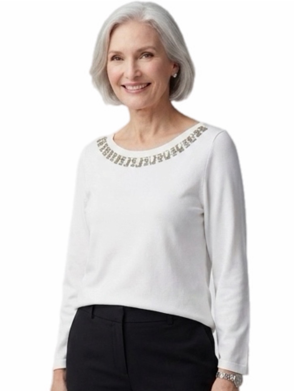 ST. JOHN White Long-Sleeve Knit Sweater with Embellished Neckline Size XL FLAW
